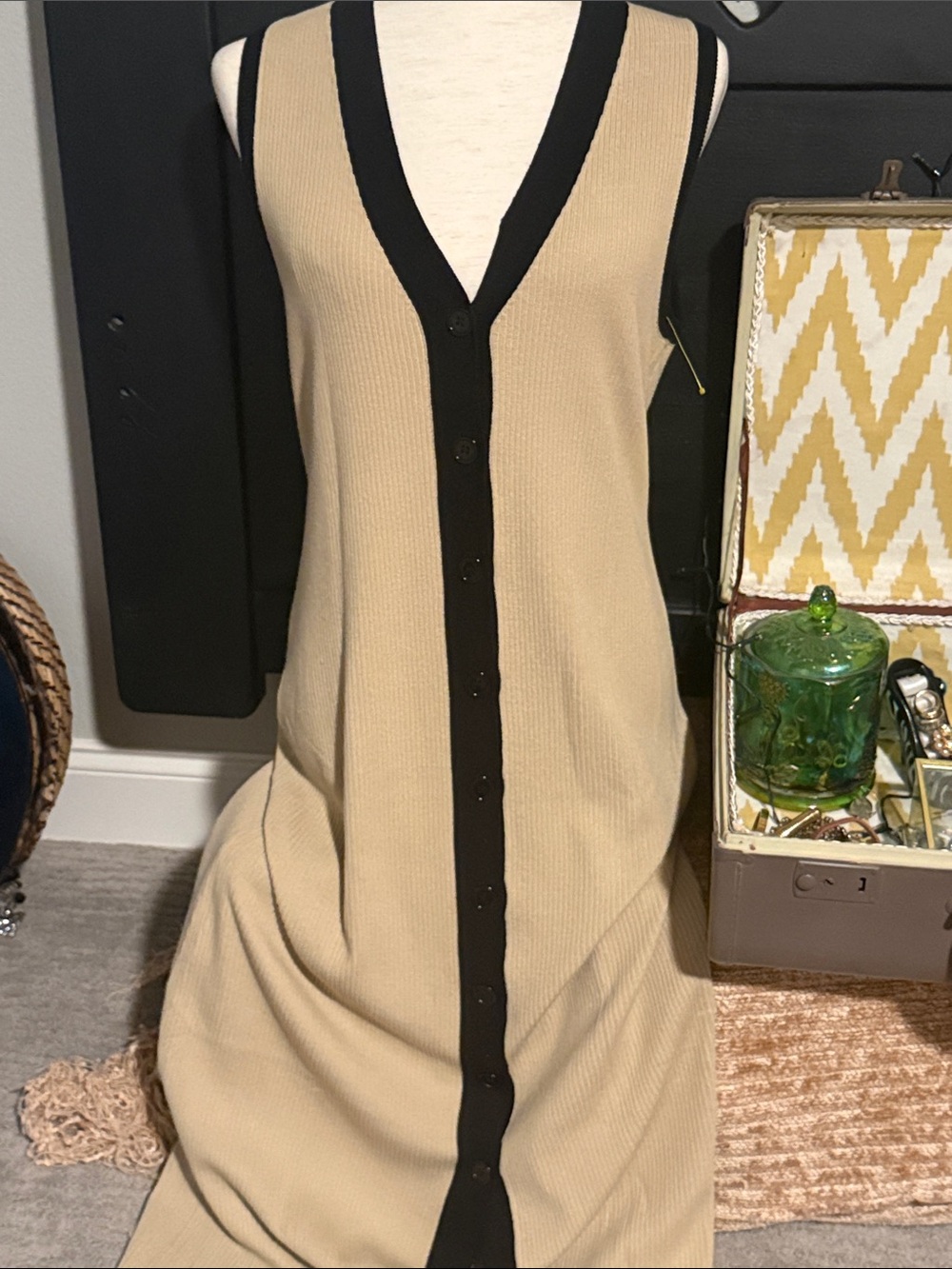 Summer  Beige Knit Button-Front Dress with Black Trim - Picture 3 of 4